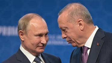 File photo of Russian President Vladimir Putin (L) and Turkish President Recep Tayyip Erdogan (R) speak on January 8, 2020 in Istanbul. (AFP)