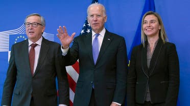 European Commission President Jean-Claude Juncker (L) and EU foreign policy chief Federica Mogherini (R) welcome VP Joe Biden at the EU Commission headquarters in Brussels, Feb. 6, 2015. (Reuters)
