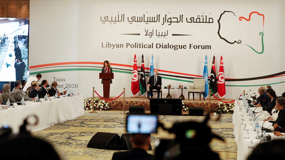 Deputy Special Representative of the UN Secretary-General for Political Affairs in Libya Stephanie Williams speaks during the Libyan Political Dialogue Forum in Tunis, Tunisia November 9, 2020. REUTERS/Zoubeir Souissi