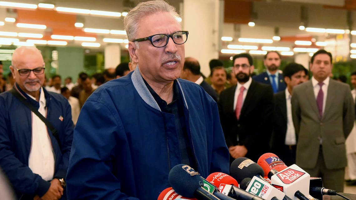 Pakistan's President Arif Alvi talks to journalists in Islamabad, Pakistan on Oct. 28, 2018. (AP)