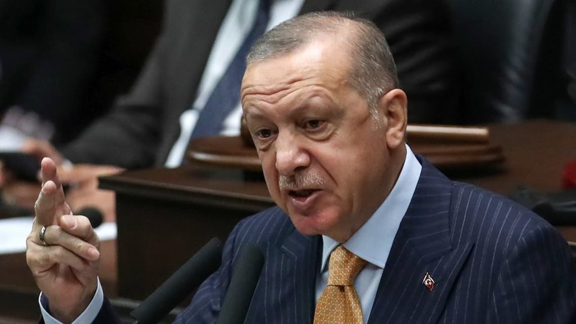 Turkish President and leader of the Justice and Development Party (AK Party) Recep Tayyip Erdogan addresses his party's group meeting at the Turkish Grand National Assembly in Ankara, on October 28, 2020. (AFP)