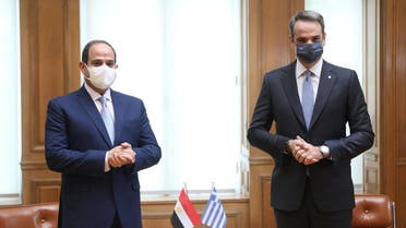 Greek Prime Minister Kyriakos Mitsotakis (R) and Egyptian President Abdel Fattah al-Sisi hold a joint press conference at the Maximos Mansion in Athens, on November 11, 2020. (Costas Baltas/AFP)