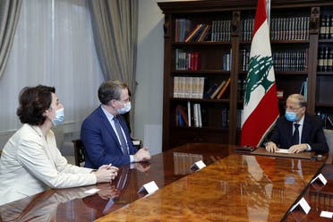 President Michel Aoun meets with Patrick Durel, President Emmanuel Macron’s advisor for the Middle East and North Africa, at the presidential palace in Baabda, Lebanon, on November 12, 2020. (Reuters)