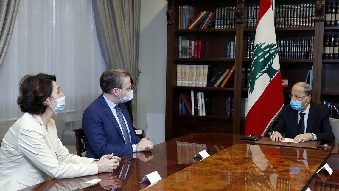 President Michel Aoun meets with Patrick Durel, President Emmanuel Macron’s advisor for the Middle East and North Africa, at the presidential palace in Baabda, Lebanon, on November 12, 2020. (Reuters)