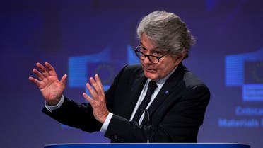 European Union industry commissioner Thierry Breton talks to journalists during an online news conference at the EU headquarters in Brussels, Belgium. (Reuters)