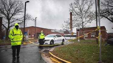 Veterans Affairs Police guard the entrance to a maintenance facility after an apparent steam explosion in a maintenance building at a Veterans Affairs hospital in Connecticut, Nov. 13, 2020. (AP)