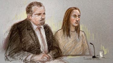 Court artist sketch by Elizabeth Cook, depicting Lucy Letby, next to her solicitor Richard Thomas, appearing via video link at court in Warrington, England, Thursday Nov. 12, 2020. (AP)
