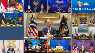 This image made from a teleconference provided by the Vietnam News Agency (VNA) shows US national security adviser Robert O’Brien, center, with leaders of ASEAN during a virtual summit, Nov. 14, 2020. (VNA via AP)