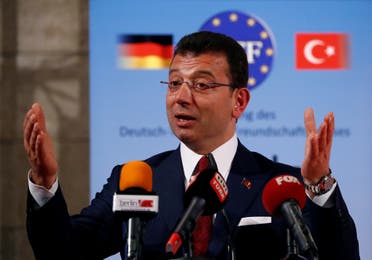A file photo shows Istanbul Mayor Ekrem Imamoglu speaks after being awarded with the German-Turkish Friendship Award 'Kybele 2019' in Berlin, Germany, November 8, 2019. (Reuters)