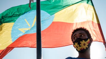 A youngster stands below an Ethiopian national flag during a blood donation rally organised by the city administration of Addis Ababa, in Addis Ababa, on November 12, 2020. Hundreds of Ethiopians gathered in the capital on November 12, 2020, to donate blood for troops fighting in the northern Tigray region, as officials tried to rally support for a conflict Prime Minister Abiy Ahmed said was going his way.
