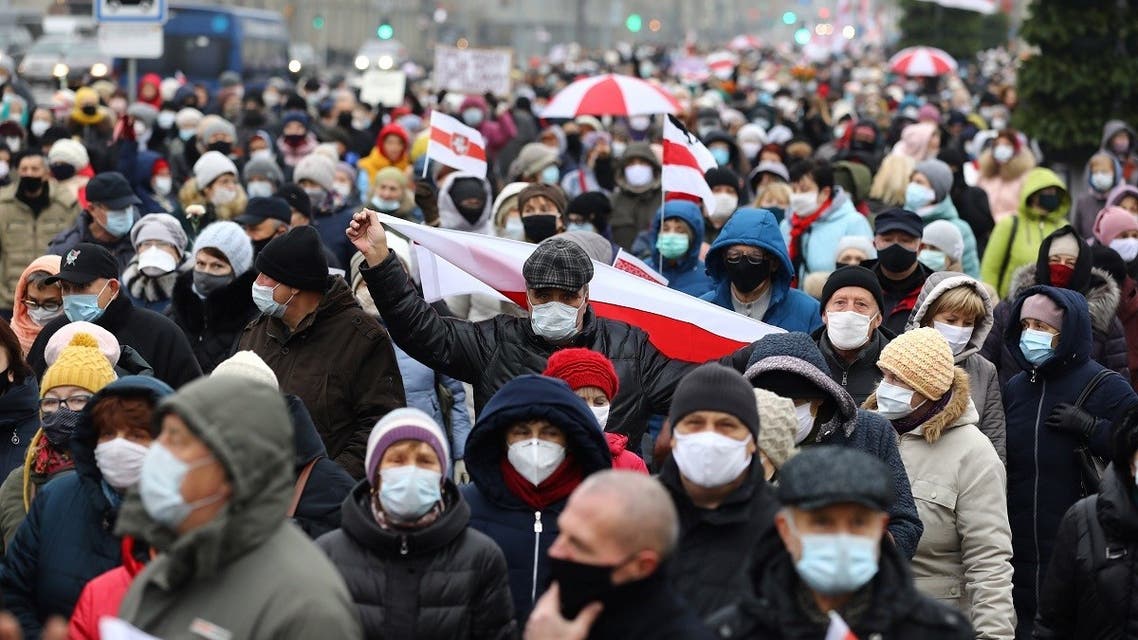 Belarus pensioners attend a rally to protest against the presidential election results in Minsk, on November 16, 2020. (Stringer/AFP)