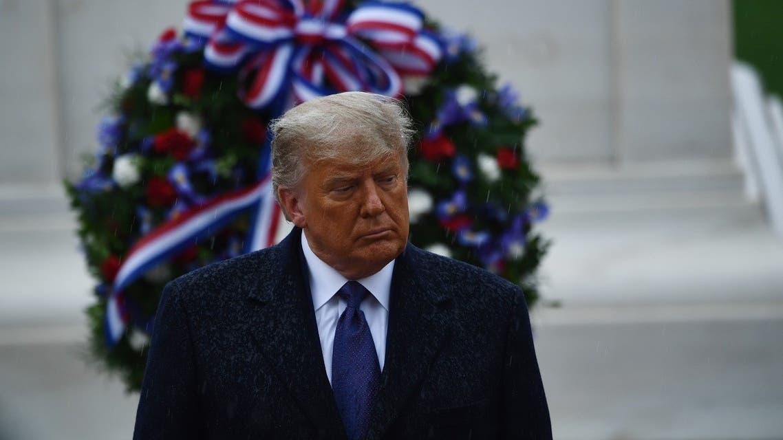 US President Donald Trump attends a “National Day of Observance” wreath laying ceremony on November 11, 2020 at Arlington National Cemetery in Arlington, Virginia. (Brendan Smialowski/AFP)