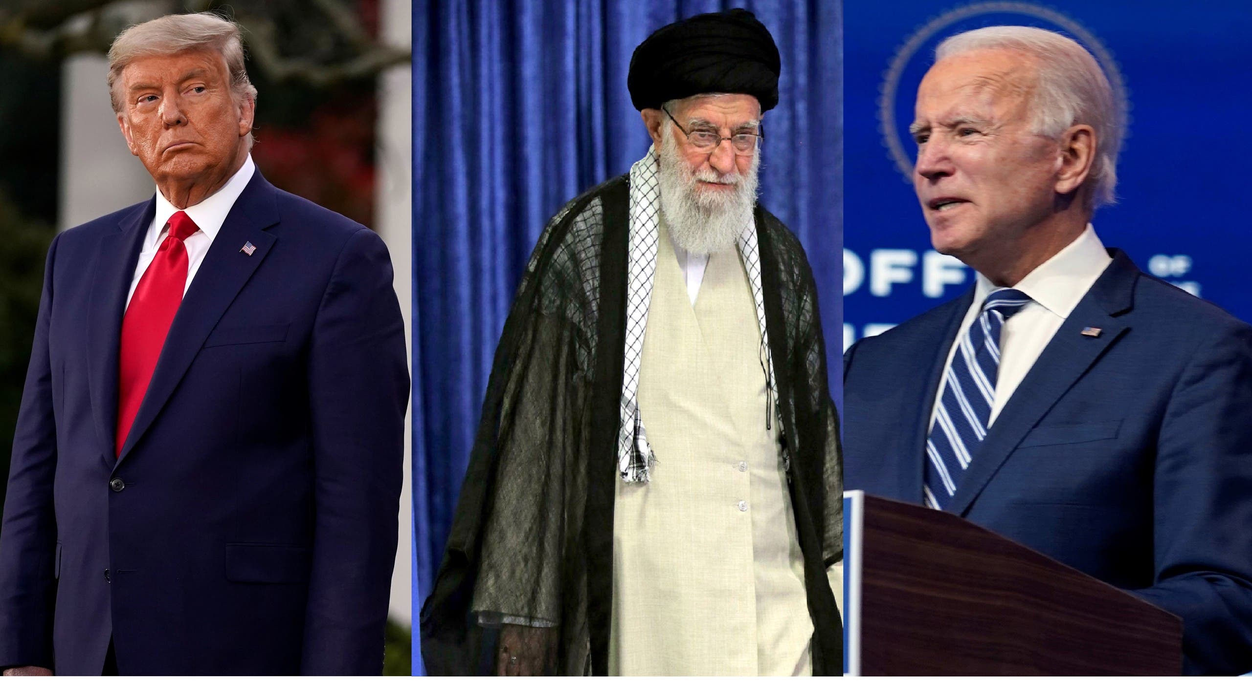 US President Donald Trump, left, Iran Supreme Leader Ali Khamenei, center, and US President-elect Joe Biden, right. (AP)