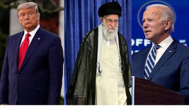 US President Donald Trump, left, Iran Supreme Leader Ali Khamenei, center, and US President-elect Joe Biden, right. (AP)