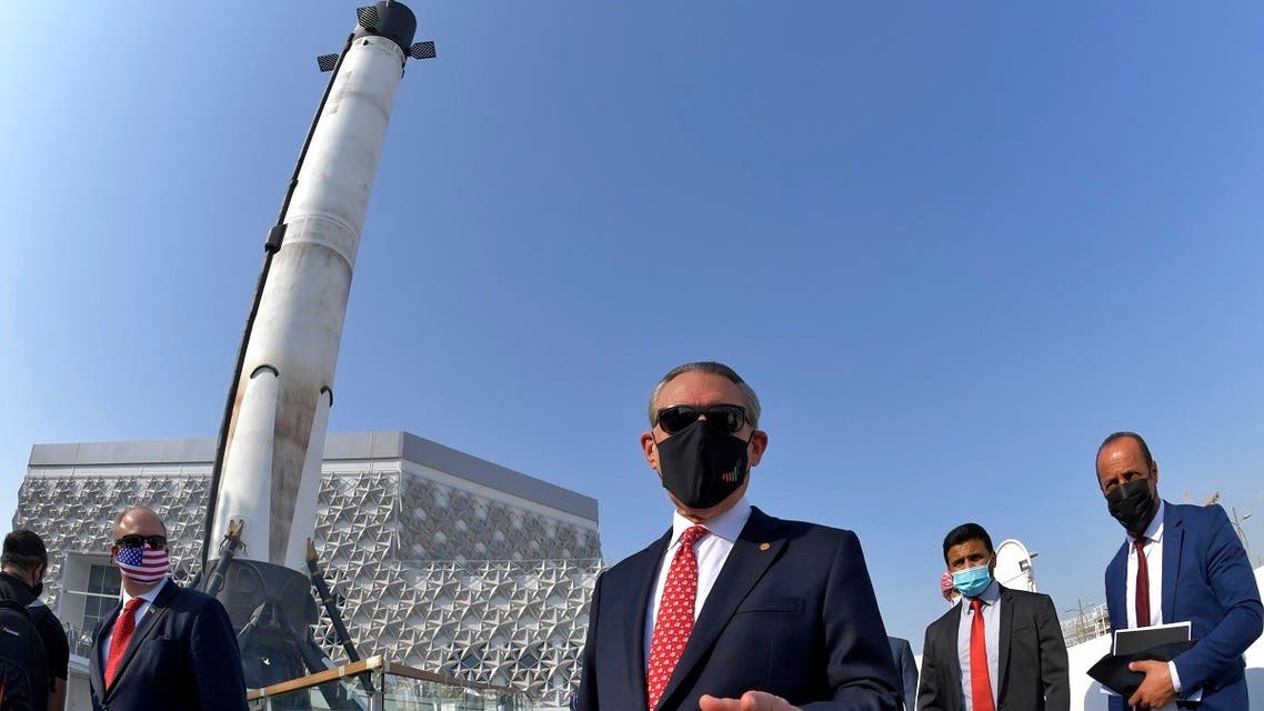 US ambassador to the United Arab Emirates, John Rakolta (C), attends the unveiling of the US pavilion at the Dubai Expo 2020 site, on November 18, 2020. (AFP)