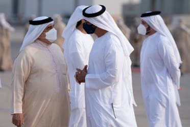 Bahrain's King Hamad bin Isa Al Khalifa arrives in Abu Dhabi, left, to meet Abu Dhabi Crown Prince Sheikh Mohamed bin Zayed Al Nahyan, right. (WAM)