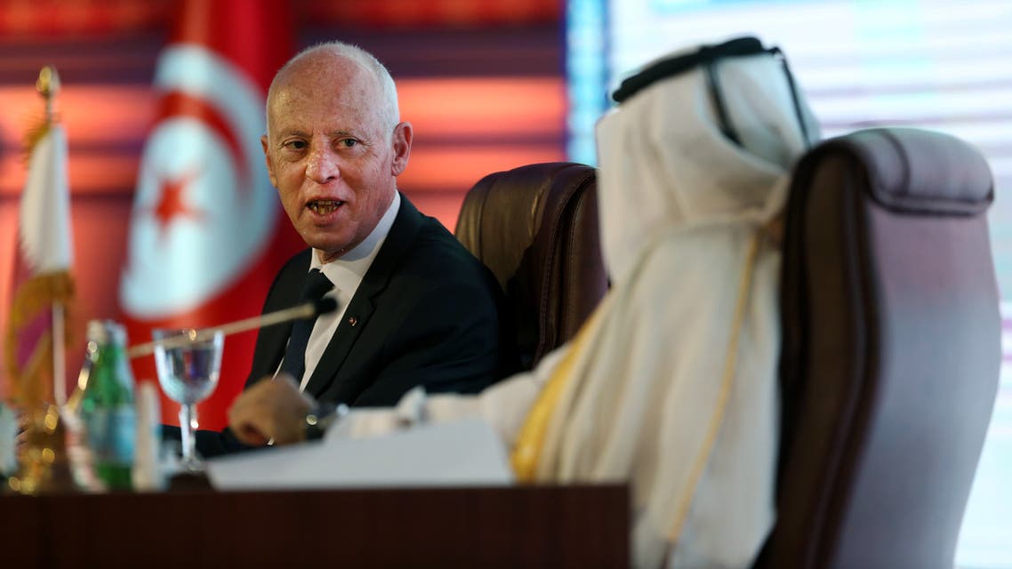 Tunisian President Kais Saied attends a talk on constitutional law during a state visit to Qatar at an event hosted by Lusail University, on November 16, 2020. Tunisia's President Kais Saied and Qatar will seek to promote dialogue between Muslims and the West to prevent anti-Muslim backlashes following extremist attacks, he said during a visit to Doha Sunday.