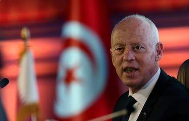 Tunisian President Kais Saied attends a talk on constitutional law during a state visit to Qatar at an event hosted by Lusail University, on November 16, 2020. (AFP)