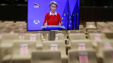 A tilt-shift picture of European Commission President Ursula Von Der Leyen (online) during a news briefing ahead of G20 meeting in Saudi Arabia, in Brussels, Belgium November 20, 2020. Olivier Hoslet/Pool via REUTERS
