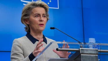 European Commission President Ursula von der Leyen speaks during a news conference following an EU Summit video conference at the European Council building in Brussels, on November 19, 2020. (AP)