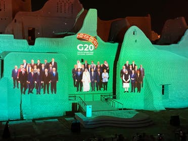 Family Photo for annual G20 Summit World Leaders is projected onto Salwa Palace in At-Turaif, one of Saudi Arabia?s UNESCO World Heritage sites, in Diriyah, Saudi Arabia, November 20, 2020. (Reuters)