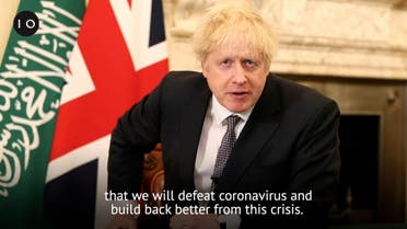 UK Prime Minister Boris Johnson delivers his message to the G20, in which he praised Saudi Arabia's future city NEOM. (Screengrab)