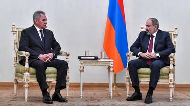 Armenian Prime Minister Nikol Pashinyan (R) meeting with Russian Defense Minister Sergei Shoigu in Yerevan on November 21, 2020. (Armenia's Government press service/AFP)
