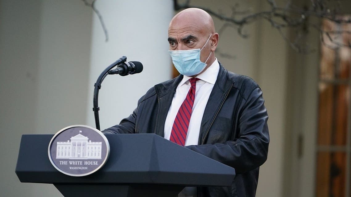 Dr. Moncef Slaoui, vaccine expert, delivers an update on “Operation Warp Speed” in the Rose Garden of the White House in Washington, DC on November 13, 2020. (Mandel Ngan/AFP)