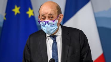 French European and Foreign Affairs Minister Jean-Yves Le Drian gives a press conference following a meeting with Swiss Foreign Minister in Kehrsatz near Bern, on November 16, 2020. (Fabrice Coffrini/AFP)