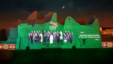 The G20 leaders family photo projected in Riyadh. (Twitter: @G20org)