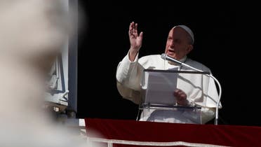 Pope Francis delivers his blessing during the Angelus noon prayer he recited from the window of his studio overlooking St. Peter's Square, at the Vatican, Nov. 22, 2020. (AP)