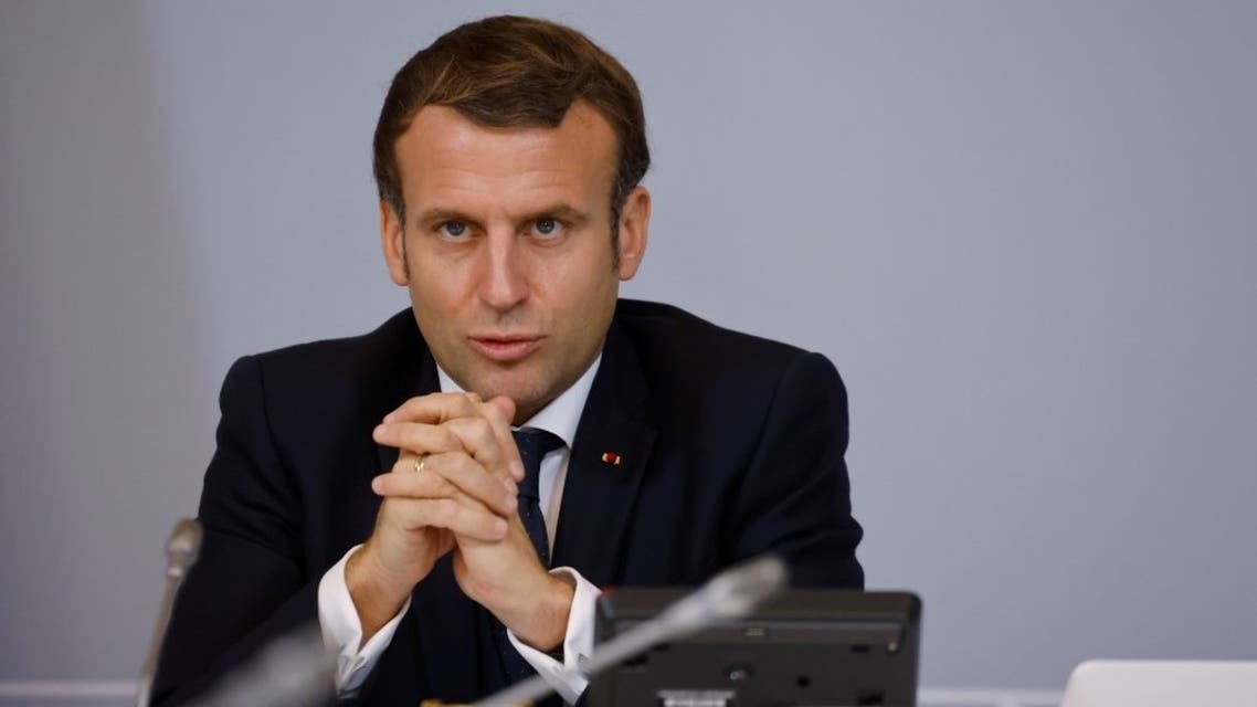 French President Emmanuel Macron speaks during a videoconference with representatives of the sporting world at the Elysee Palace in Paris on November 17, 2020. (AFP)