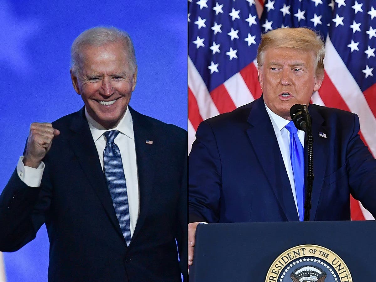 Joe Biden after speaking during election night; and US President Donald Trump on election night at the White House, November 4, 2020. (AFP)