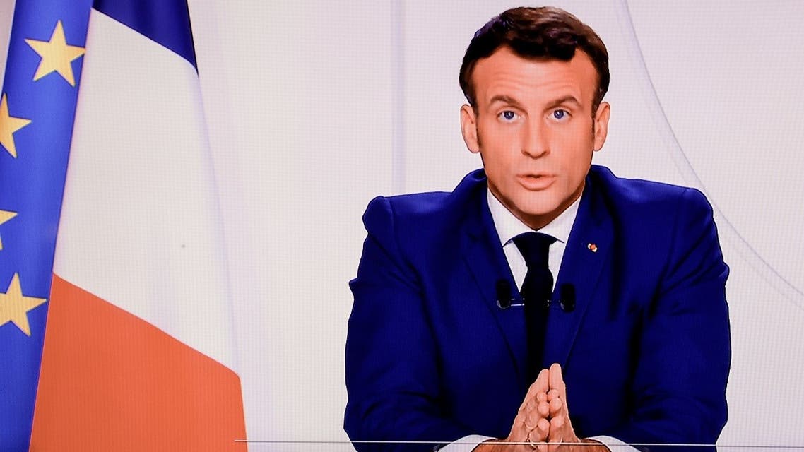 French President Emmanuel Macron speaking during a televised address to the nation on the Covid-19 pandemic and lockdown measures in France, Nov. 24, 2020. (AFP)