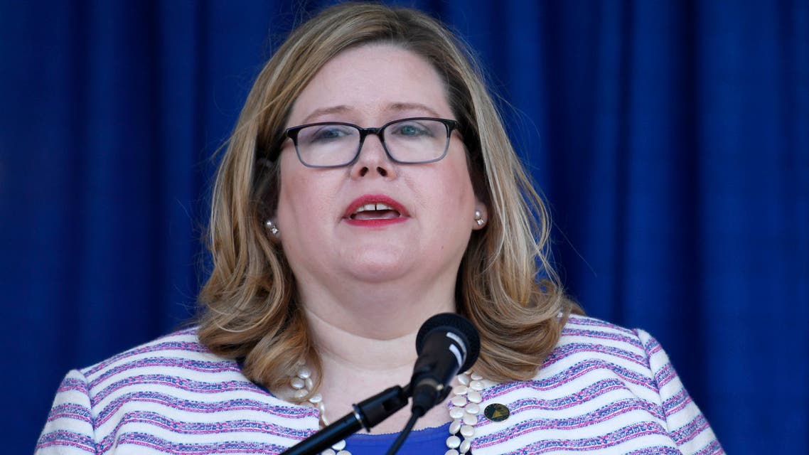 FILE - In this June 21, 2019 file photo, General Services Administration Administrator Emily Murphy speaks during a ribbon cutting ceremony for the Department of Homeland Security's St. Elizabeths Campus Center Building in Washington. The head of the obscure federal government agency that is holding up Joe Biden's presidential transition knew well before Election Day she might have a messy situation on her hands well. Prior to Nov. 3, GSA administrator Emily Murphy held a Zoom call with Dave Barram, 77, a man who was in her shoes 20 years earlier during the contested 2000 election between George W. Bush and Al Gore. Barram said he gave her some simple advice, “If you do the right thing, then all you have to do is live with the consequences of it.’”(AP Photo/Susan Walsh)