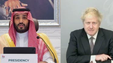 Combination picture of Saudi Arabia's Crown Prince Mohammed bin Salman (L) and UK Prime Minister Boris Johnson (R). (AFP)