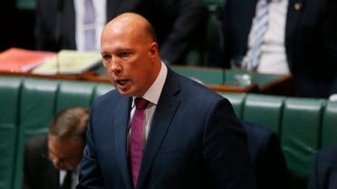 In this Wednesday, July 24, 2019, photo, Australian Home Affairs Minister Peter Dutton addresses Parliament House in Canberra. (AP/Rod McGuirk)