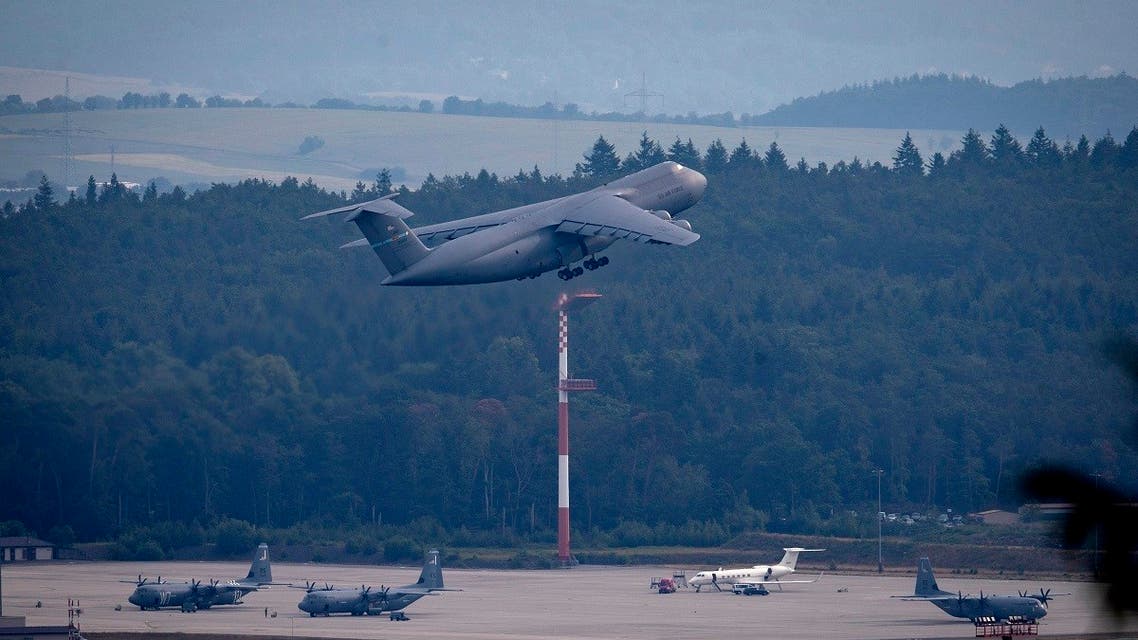 A US military aircraft takes off at Ramstain Air Base in Ramstein, Germany, June 9, 2020. (AP)
