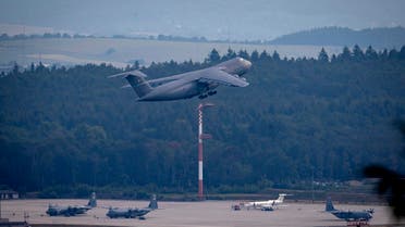 A US military aircraft takes off at Ramstain Air Base in Ramstein, Germany, June 9, 2020. (AP)