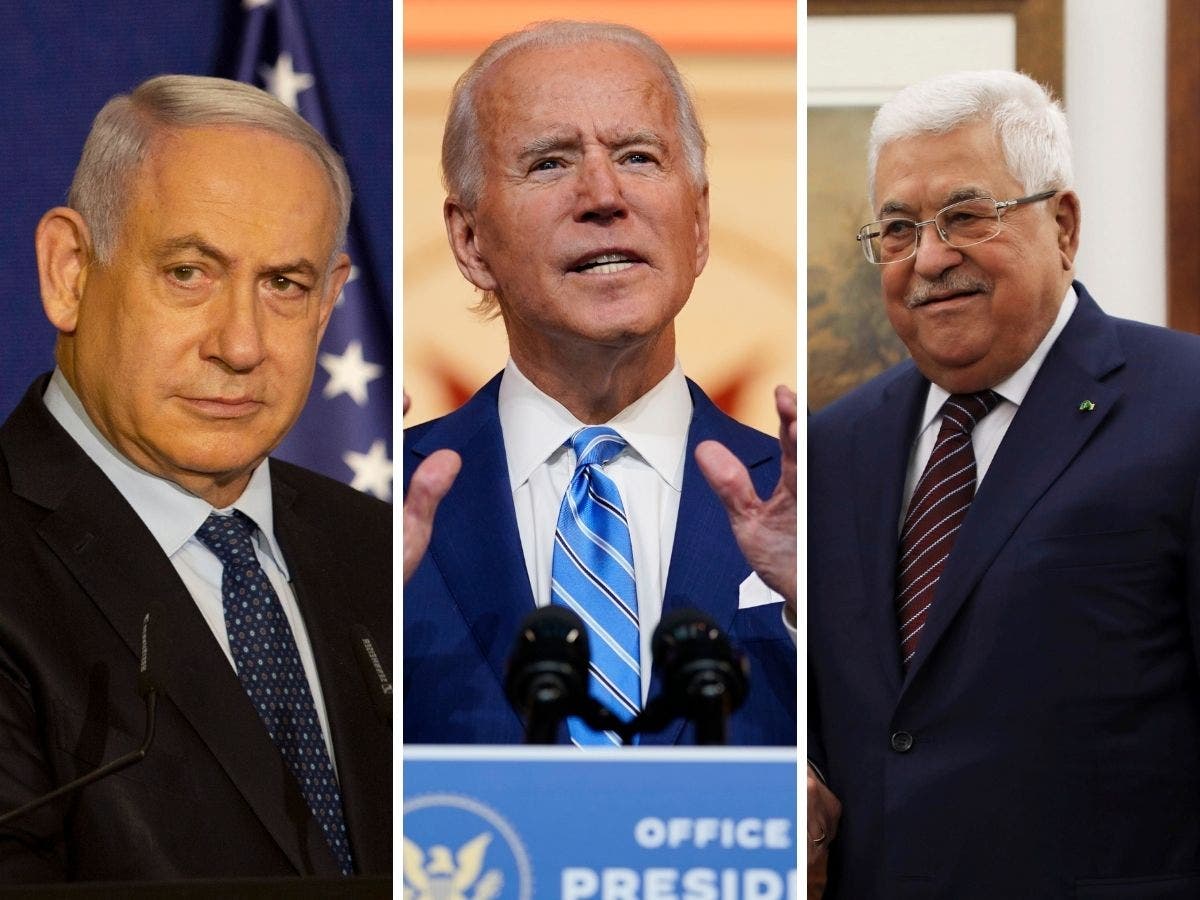 Israeli Prime Minister Benjamin Netanyahu, left, US President Joe Biden, center, and Palestinian President Mahmoud Abbas. (AP)