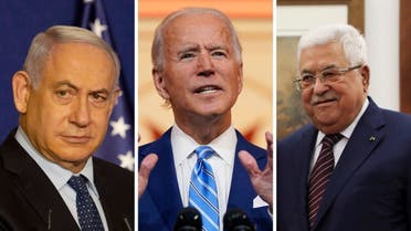 Israeli Prime Minister Benjamin Netanyahu, left, US President-elect Joe Biden, center, and Palestinian President Mahmoud Abbas. (AP)