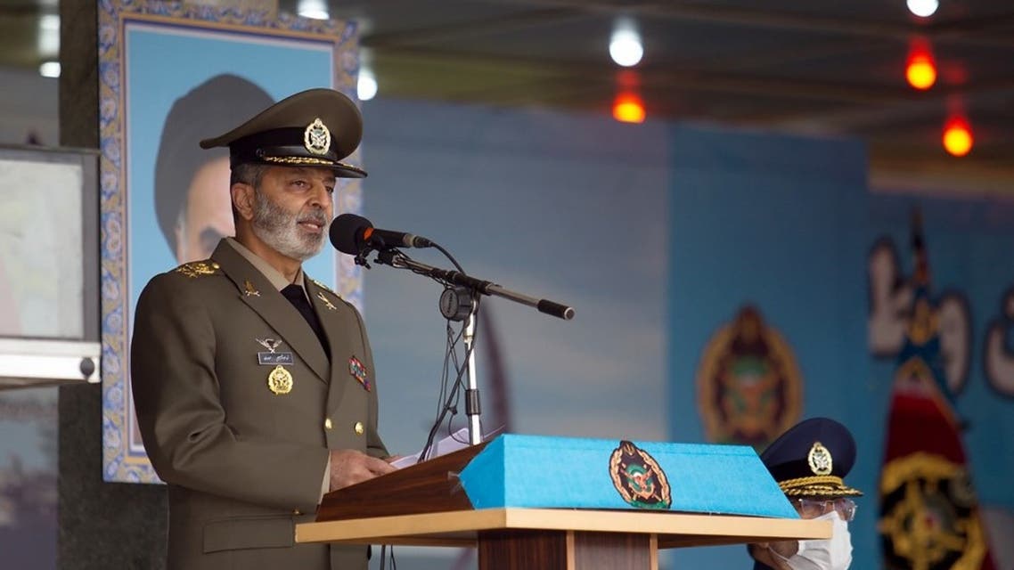 A handout picture provided by Iranian army official website on April 17, 2020 shows Iranian army Commander-in-chief Abdolrahim Mousavi speaking during the Iran army day parade in Tehran. (AFP)