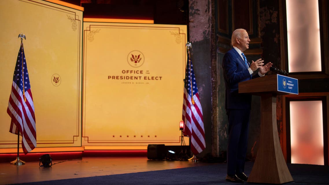 WILMINGTON, DE - NOVEMBER 25: President-elect Joe Biden delivers a Thanksgiving address at the Queen Theatre on November 25, 2020 in Wilmington, Delaware. As Biden waits to be approved for official national security briefings, the names of top members of his national security team were announced yesterday to the public. Calls continue for President Trump to concede the election and let the transition proceed without further delay. Mark Makela/Getty Images/AFP