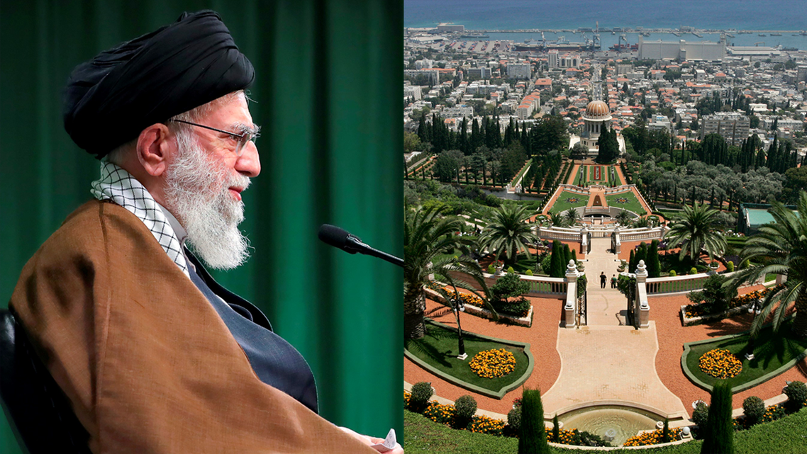 Iran Supreme Leader Ali Khamenei, left, and a view of the Israeli city of Haifa, right. (AP)
