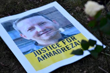 A flyer of Ahmadreza Djalali during a protest outside the Iranian embassy in Brussels, Feb. 13, 2017. (File photo: AFP)