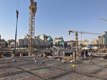 Iranian laborers and engineers work on the Sahn al-Aqila project, a vast expansion to the area adjacent to the Imam Hussein shrine that will be used to welcome mostly Shi'ite Muslim pilgrims in Kerbala, Iraq September 30, 2020. (Reuters) 