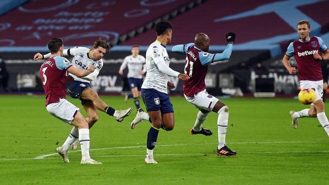 Aston Villa's Jack Grealish scores their first goal. (Reuters)