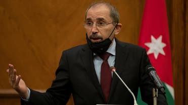 Jordan's Foreign Minister Ayman Safadi speaks during a joint news conference with Spain's Foreign Affair Minister Arancha Gonzalez Laya (not pictured) at the Foreign Ministry in Amman, Jordan October 1, 2020. Andre Pain/Pool via REUTERS