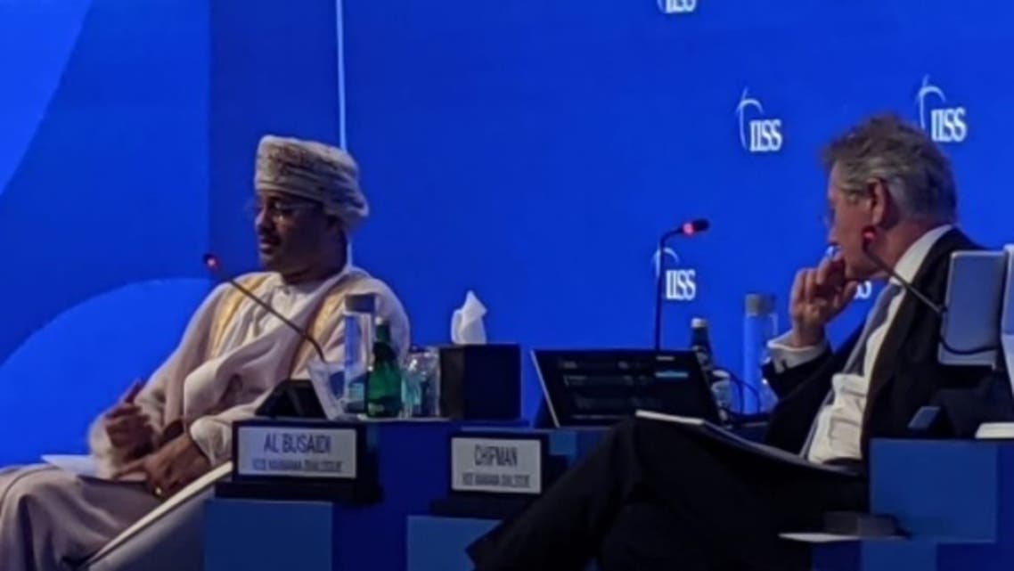 Oman’s FM Sayyed Badr Al Busaidi speaking at the International Institute for Security Studies Manama Conference, December 5, 2020, Bahrain. (Twitter/@IISS_org)