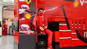 Ferrari's Charles Leclerc in the garage during practice. (Reuters)